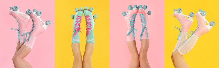 Women in retro roller skates on color backgrounds, closeup. Collage of photos