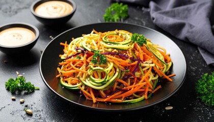 Zoodle Salad with Peanut Dressing. Vegetarian Food Macro