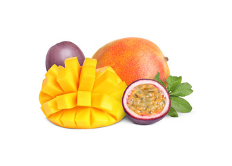 Sweet fresh mangos and passion fruits isolated on white