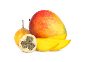 Fresh juicy mangos and passion fruits isolated on white. Whole and cut