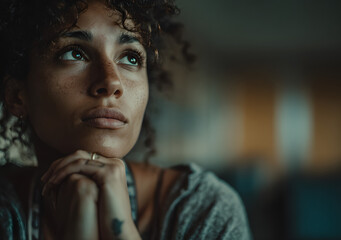 Young African American woman in medical waiting room with hands on chest, concerned expression