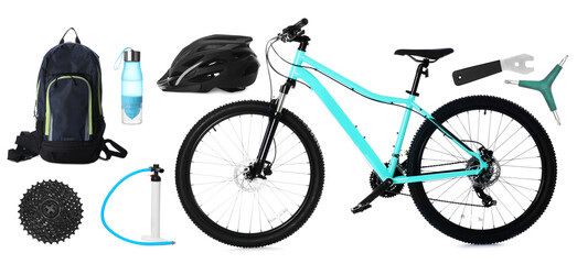 Bicycle, its parts and accessories on white background, collage