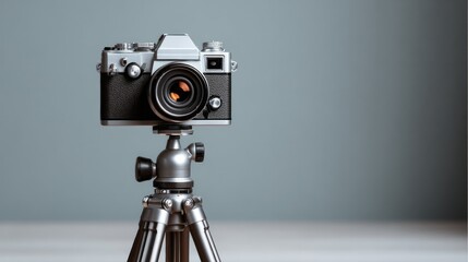 Photographerâ€™s gear featuring a modern camera on a tripod, isolated on white