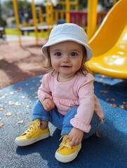 Toddler girl smiling in pink sweater and white hat on playground