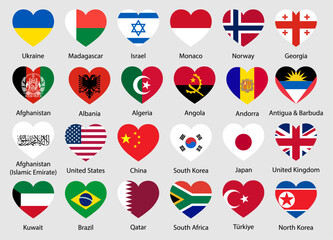 Beautiful collection of heart-shaped national flags from around the world. Represents international love, peace, unity, diversity, and patriotism. Perfect for global-themed design use.