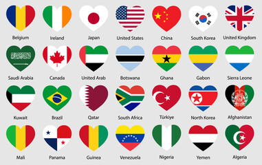 Creative heart-shaped flags of global countries, representing love, unity, peace, and diversity. Ideal for use in international, educational, cultural, or patriotic design projects.