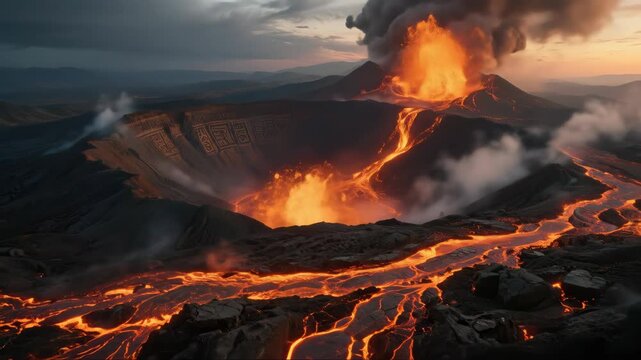 Volcanic Crater with Floating AshA panoramic view of a smoldering volcanic crater at twilight.