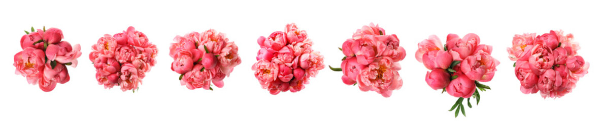 Beautiful bouquets with coral peony flowers on white background, set. Top view