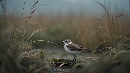 A small coastal bird among tall grass of the marsh.