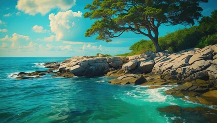 Rocky shoreline with a tree in foreground, surrounded by blueish green ocean, and empty space for text