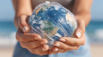Woman holding suffocating planet earth wrapped in plastic