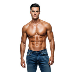 Fototapeta premium shirtless and strong bodybuilder model training in jeans for wellness on Isolated transparent background png. generated with AI