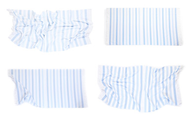 Striped beach towel on white background, collage. Top view