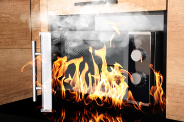 Fire and smoke in microwave oven in kitchen