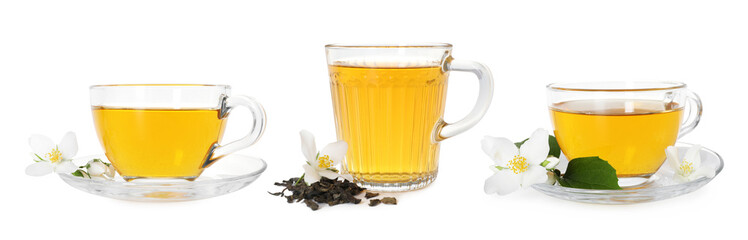 Delicious jasmine tea and flowers on white background, set