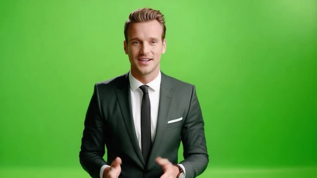 Professional Presentation on Green Screen: A distinguished professional, poised in a studio setting with a vibrant green screen backdrop, engaging in a confident and articulate presentation.