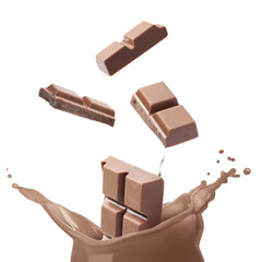 Chocolate pieces falling into splashing chocolate milk against white background
