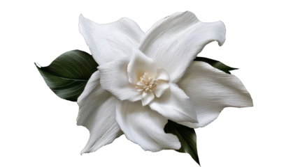 White paper flower with layered petals and green leaf