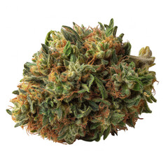 Detailed macro view of a cannabis bud with orange hairs isolated on transparent background