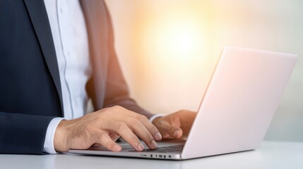 Fototapeta premium Professional Businessman Typing on Laptop for Work in Modern Office Environment with Warm Light Effect