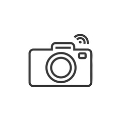 Minimalist Camera Icon with Wireless Signal, Black Outline on White