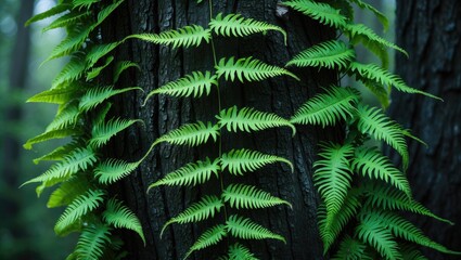 Vertical growth of fern clinging to a tree trunk with bright green, feathery fronds displaying lance-shaped leaflets arranged alternately along the central stem