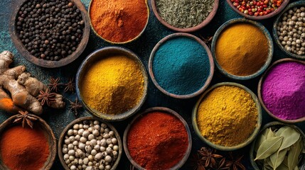 Top-down view of a variety of spices creating a colorful background