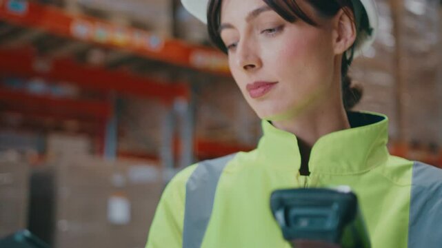 Warehouse employee in reflective safety jacket holding barcode scanner with red laser beam and using digital tablet, performing inventory check or package tracking in industrial storage area.