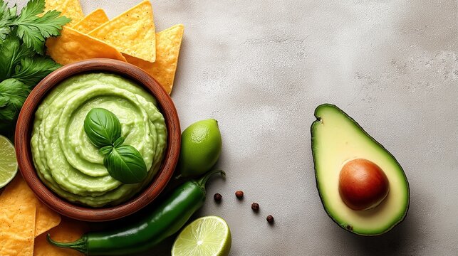 Guacamole with tortilla chips, lime, avocado, pepper and parsley on grey background