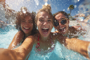 Friends taking fun selfie in swimming pool on summer vacation