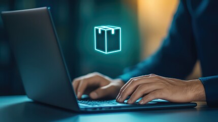 Hands Typing on Laptop with Digital Box Icon Illustrating E-commerce and Online Shopping Concept in a Modern Setting