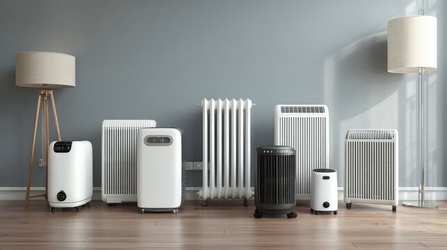 Various modern electric heaters arranged on the floor in a room