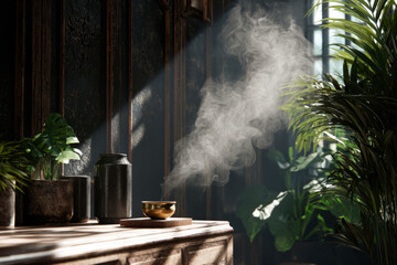 Incense smoke rising in sunlight in tropical interior setting