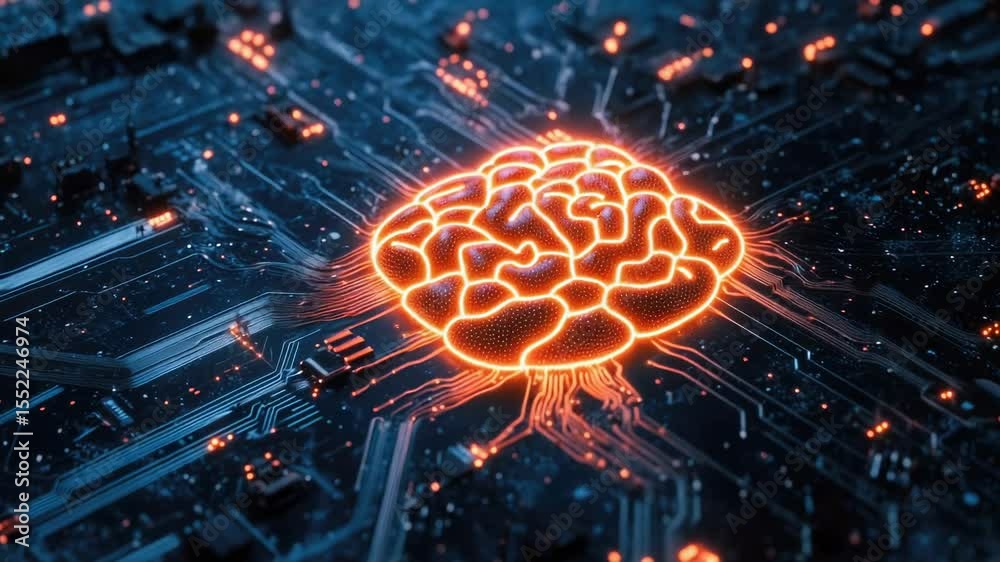 Poster A close-up view of a computer motherboard featuring a brain, suitable for tech-related concepts and futuristic designs