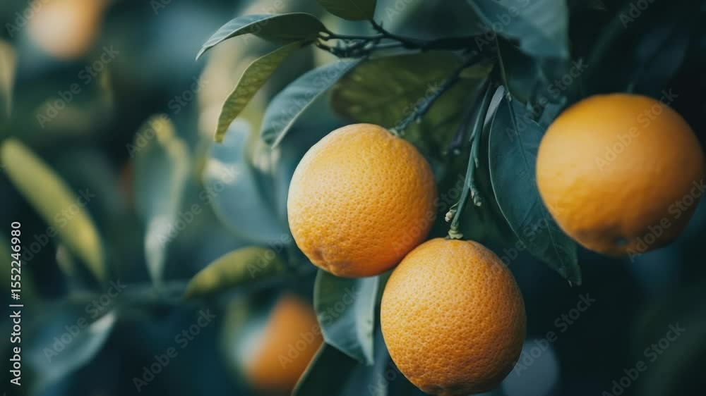 Poster a bunch of fresh oranges hanging from a tree branch