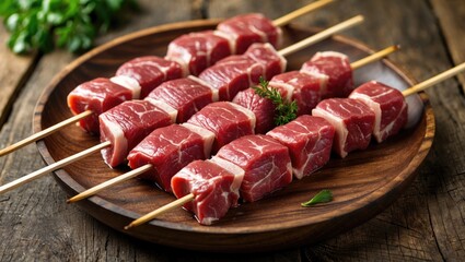 Skewers with raw meat on wooden plate with empty space for text