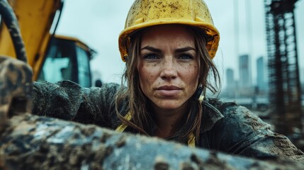 A strong female worker, covered in mud and dirt, focuses intently on her task at a construction site, showcasing resilience and hard work in a challenging environment.