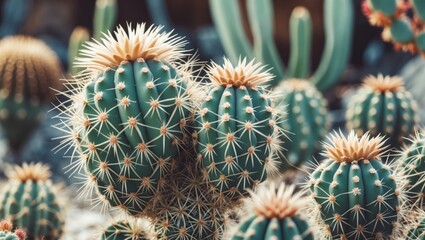Obraz premium Echinocactus or Hedgehog Cactus is a genus of spherical succulents in the cactus family, with space for text.