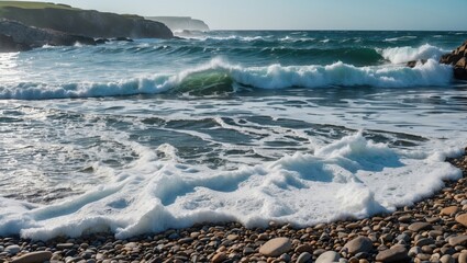 Foamy Waves On A Pebbles Beach. Rocky Coastline In The Ocean. Breaking Waves, A Sunny Day.. With Empty Copy Space For Text