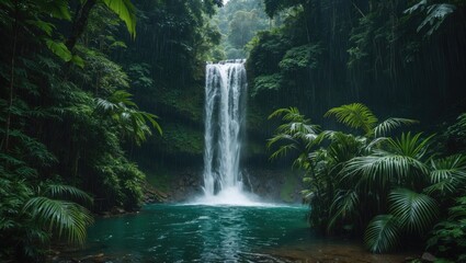 Deep Rain Forest Jungle Waterfall at Waterfall National Park with Empty Copy Space for Text