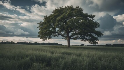 Obraz premium Alone tree in the field with clouds