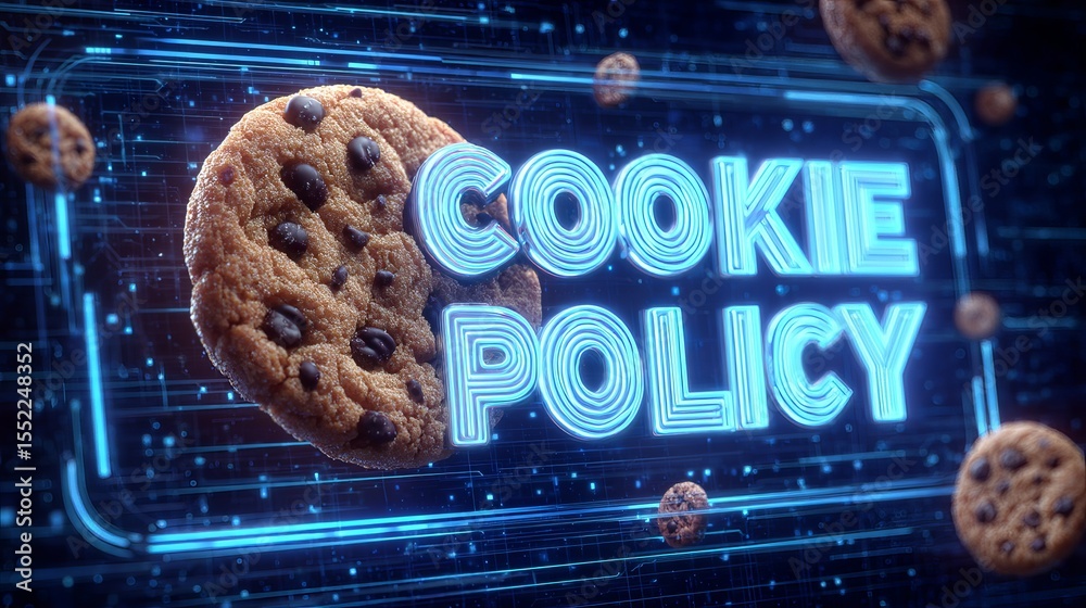 Fototapete digital cookie policy concept delicious chocolate chip cookies neon blue glowing text privacy data p