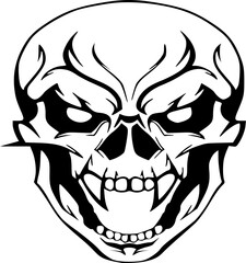 Angry Evil Skull Face Vector Illustration in Black Line Art