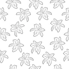 Seamless black and white lily flower pattern. Elegant hand-drawn floral background featuring outlined lilies, ideal for textile design, wallpaper, packaging, and surface prints.