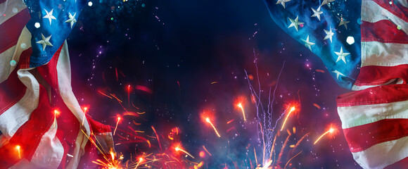American Flag - With Bright Sparkler And Festive Lights - Abstract Fireworks In Sky At Night -...