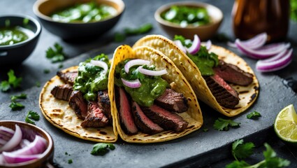 Grilled steak tacos with green sauce and onion, featuring empty space for text.