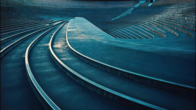 Curved design of empty amphitheater in blue twilight tones. 
