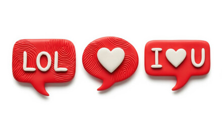 Three red clay speech bubbles with "lol," a heart, and "i ♥ u," expressing emotions.