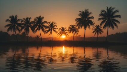 Obraz premium A tranquil sunset casting golden hues over calm water and silhouetted palm trees, evoking feelings of peace and relaxation.