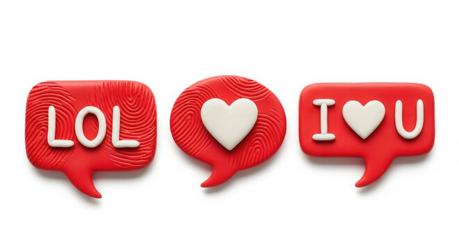 Three red clay speech bubbles with "lol," a heart, and "i ♥ u," expressing emotions.